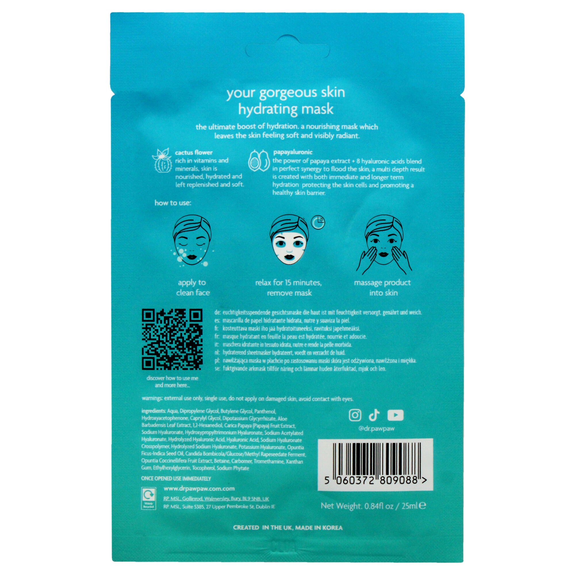 Your Gorgeous Skin Hydrating Sheet Mask by Dr. PawPaw for Unisex - 0.84 oz Mask, See Description, alternate image number 1