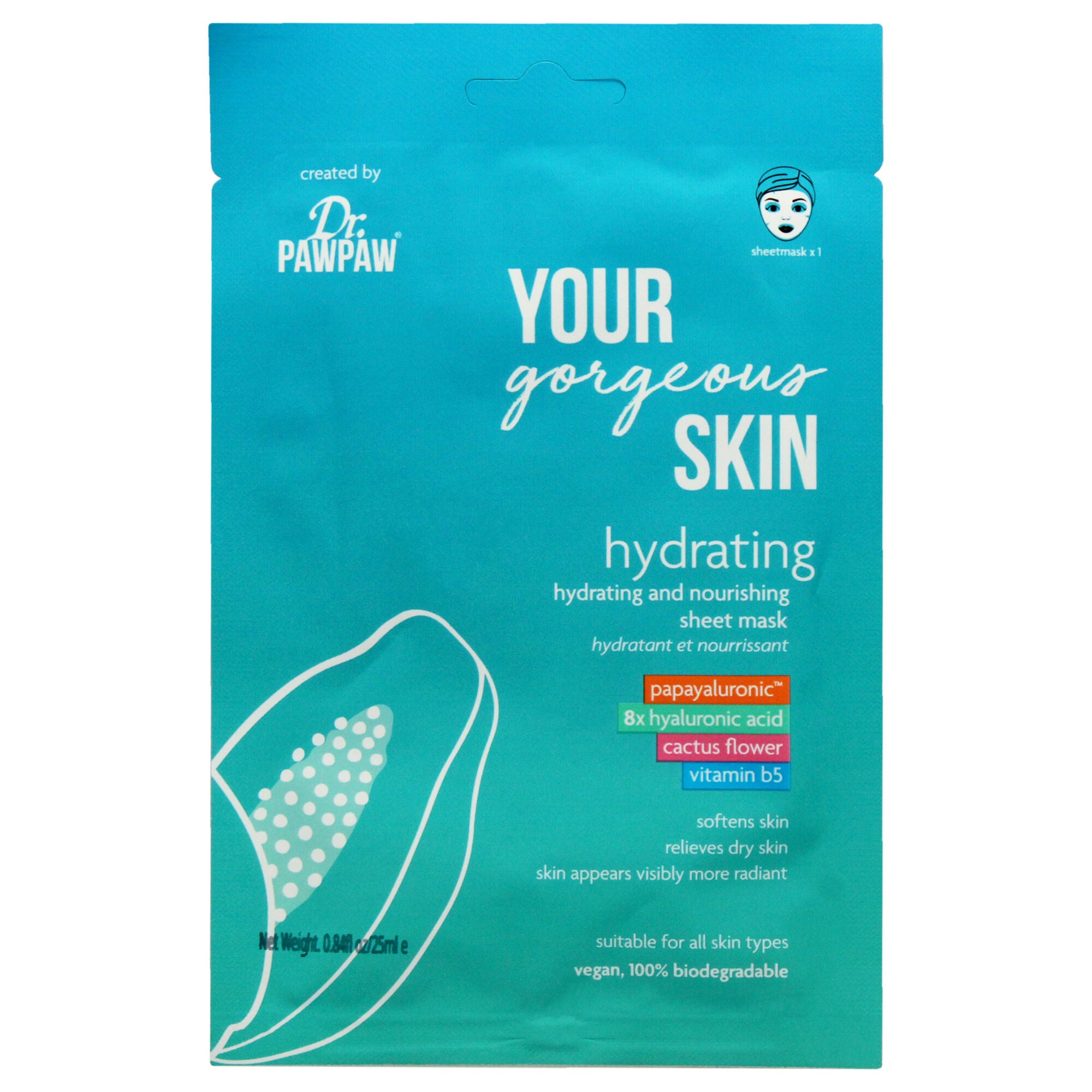 Your Gorgeous Skin Hydrating Sheet Mask by Dr. PawPaw for Unisex - 0.84 oz Mask, See Description, hi-res image number 0