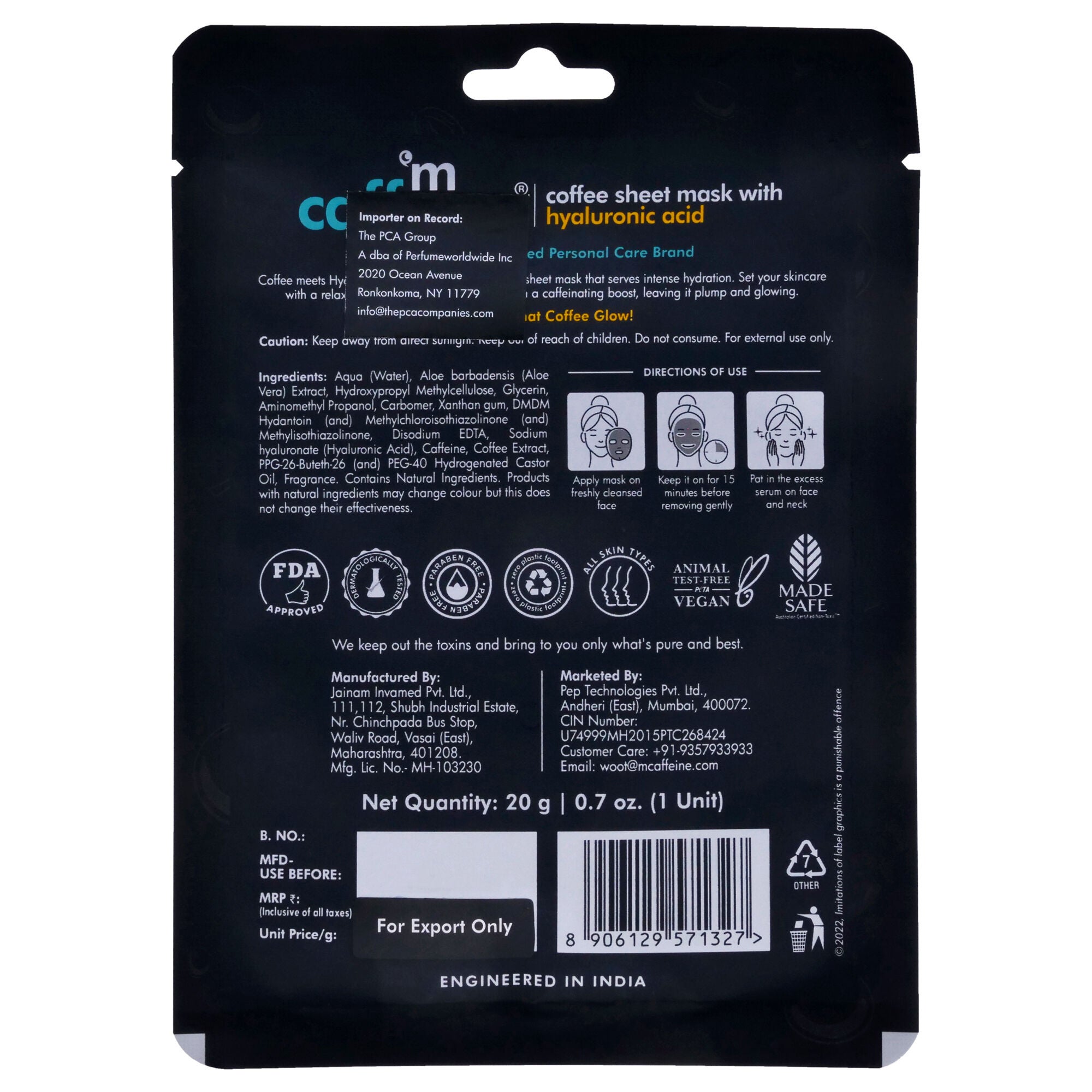 Coffee Sheet Mask with Hyaluronic Acid by mCaffeine for Unisex - 0.7 oz Mask, See Description, alternate image number 2