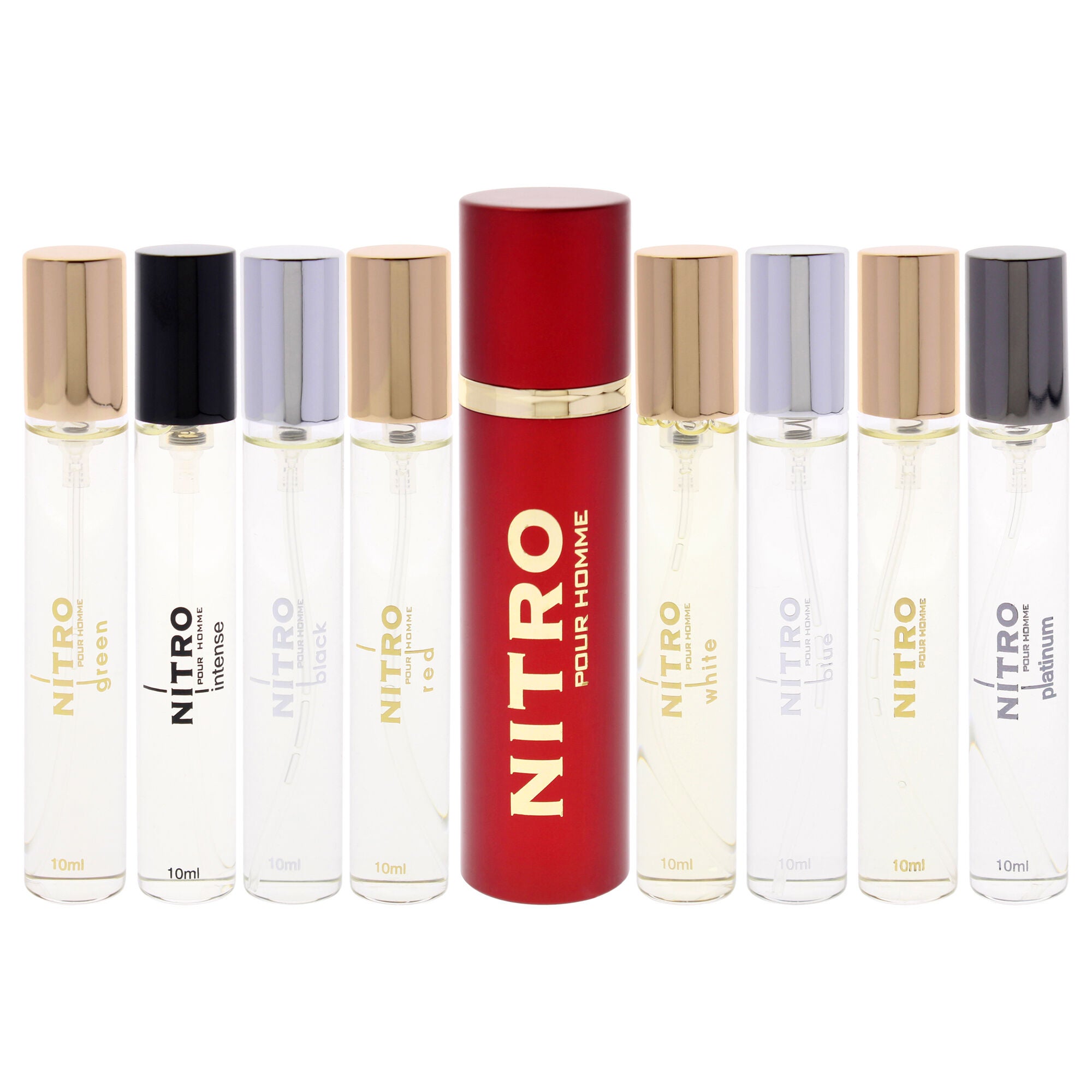 Nitro Collection by Dumont for Men - 9 Pc Mini Gift Set 0.34oz Black EDP Spray Vial (Mini), 0.34oz Green EDP Spray Vial (Mini), 0.34oz Intense EDP Spray Vial (Mini), 0.34oz Platinum EDP Spray Vial (Mini), 0.34oz Red EDP Spray Vial (Mini), 0.34oz White EDP Spray Vial (Mini), 0.34oz Blue EDP Spray Vial (Mini), 0.34oz Nitro Pour Homme EDP Spray Vial (Mini), Travel Spray Case, Clear, alternate image number 1