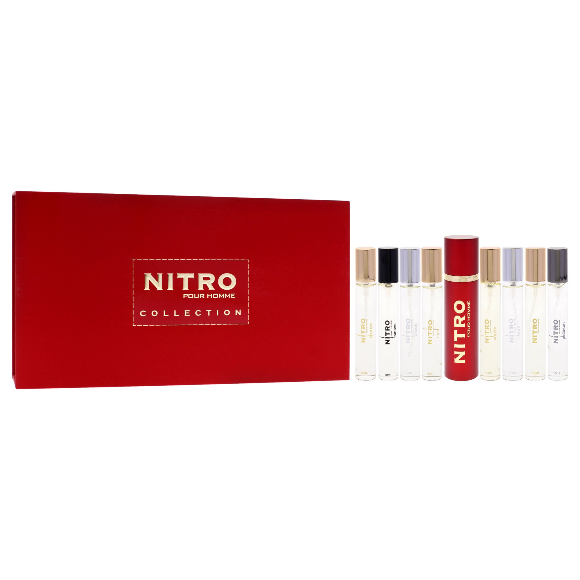 Nitro Collection by Dumont for Men - 9 Pc Mini Gift Set 0.34oz Black EDP Spray Vial (Mini), 0.34oz Green EDP Spray Vial (Mini), 0.34oz Intense EDP Spray Vial (Mini), 0.34oz Platinum EDP Spray Vial (Mini), 0.34oz Red EDP Spray Vial (Mini), 0.34oz White EDP Spray Vial (Mini), 0.34oz Blue EDP Spray Vial (Mini), 0.34oz Nitro Pour Homme EDP Spray Vial (Mini), Travel Spray Case, Clear, alternate image number 2