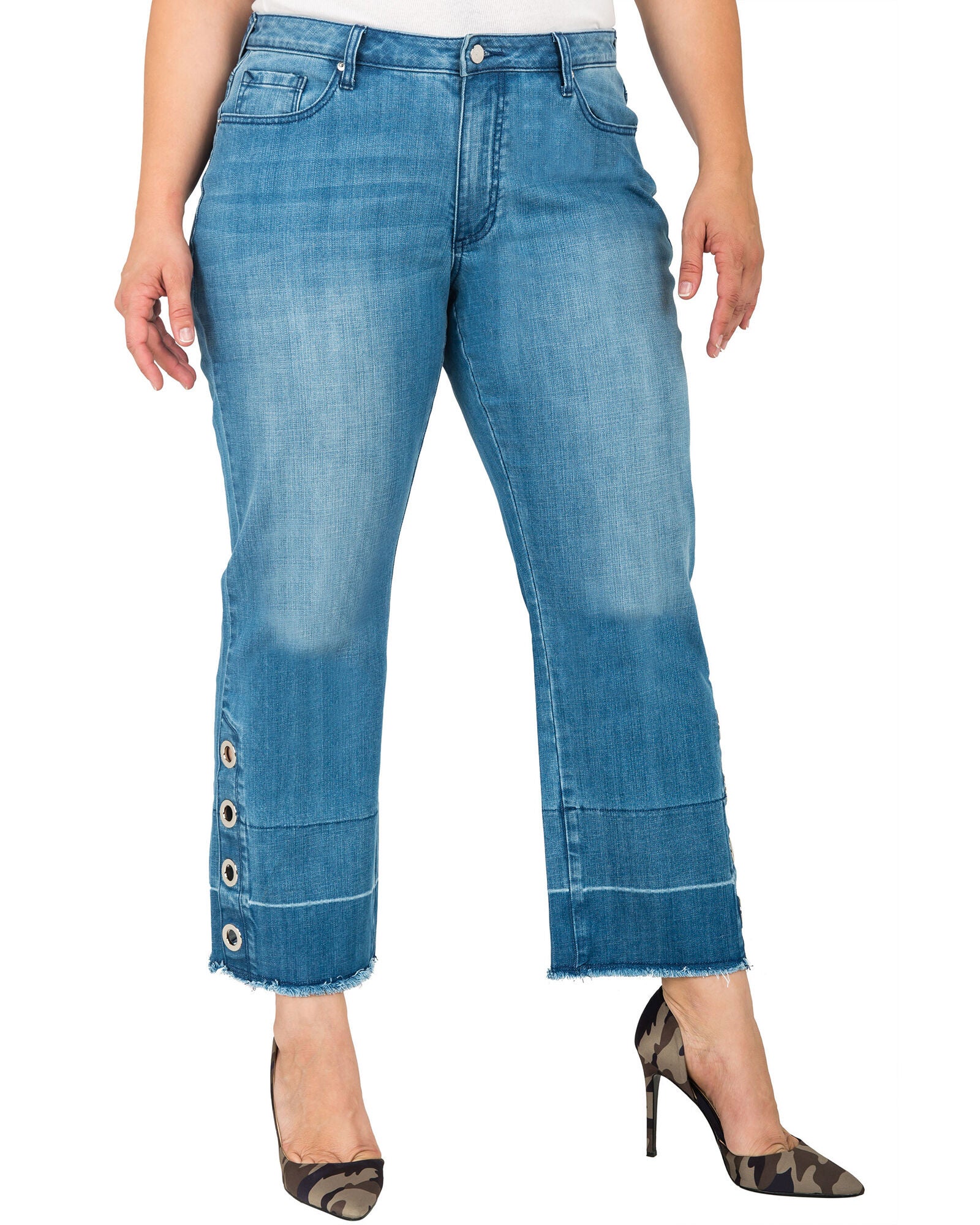 Plus Size Meryl High-Rise Light Wash Cropped Jeans with Silver Grommets & Wide Released Hem, Blue / Medium Wash, hi-res image number 0