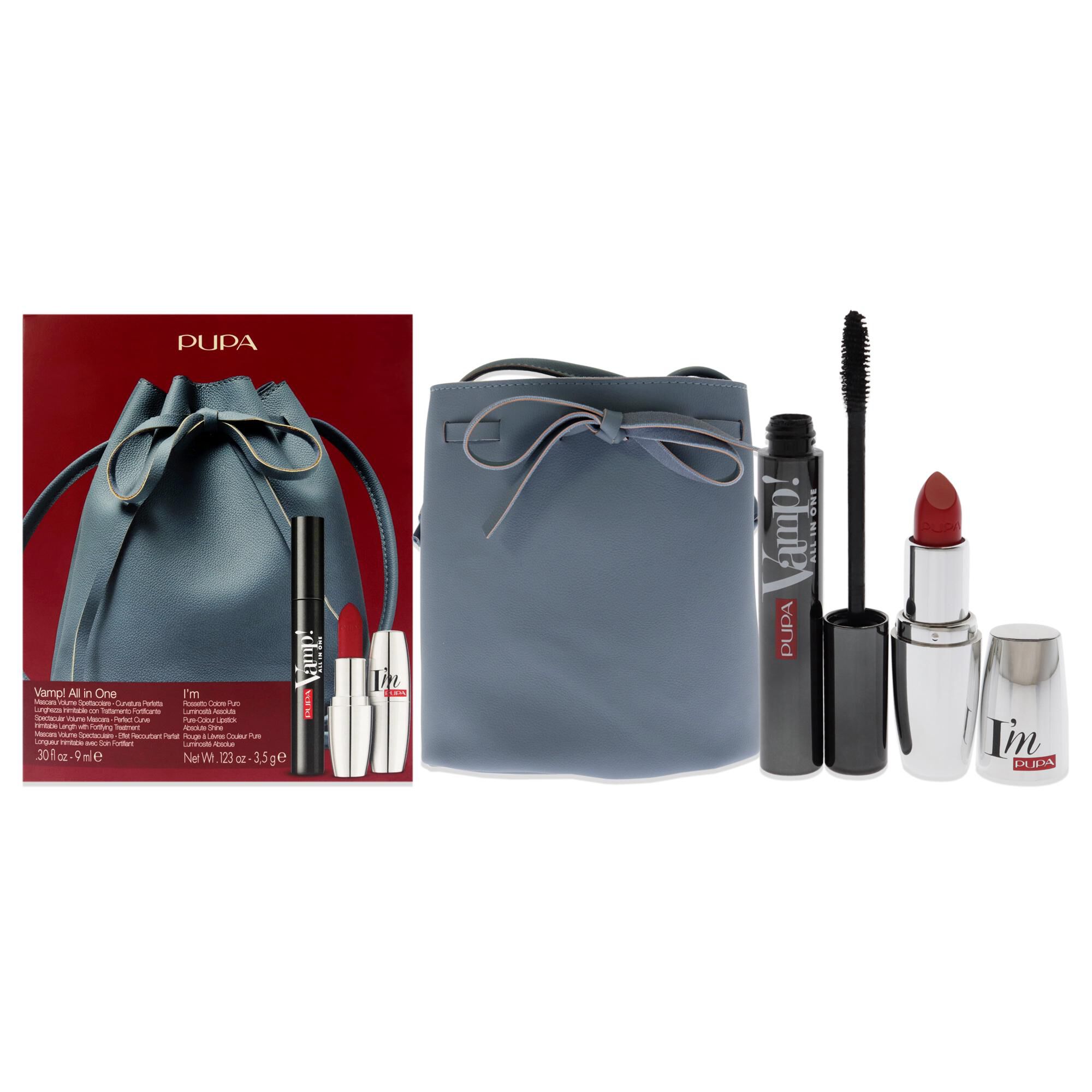 Vamp! All In One and I Am Set by Pupa Milano for Women - 3 Pc 0.30oz amp! All In One Mascara - 101 Black, 0.123oz Lipstick - 303, Bucket Bag, See Description, hi-res image number 0
