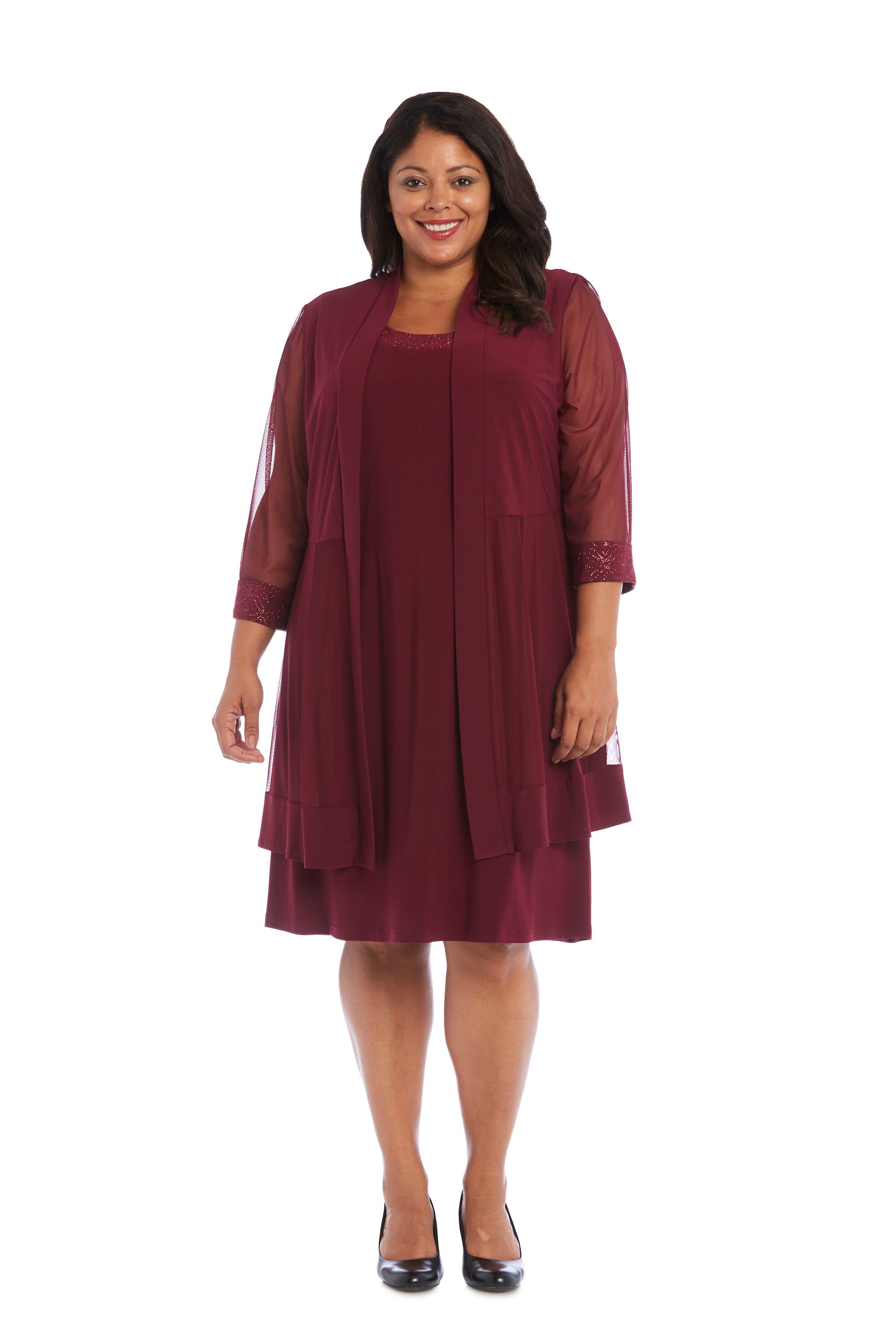 Relaxed-Fit Shift Dress with Sparkling Neckline and Soft Jacket with Sheer Inserts, Merlot, hi-res image number 0
