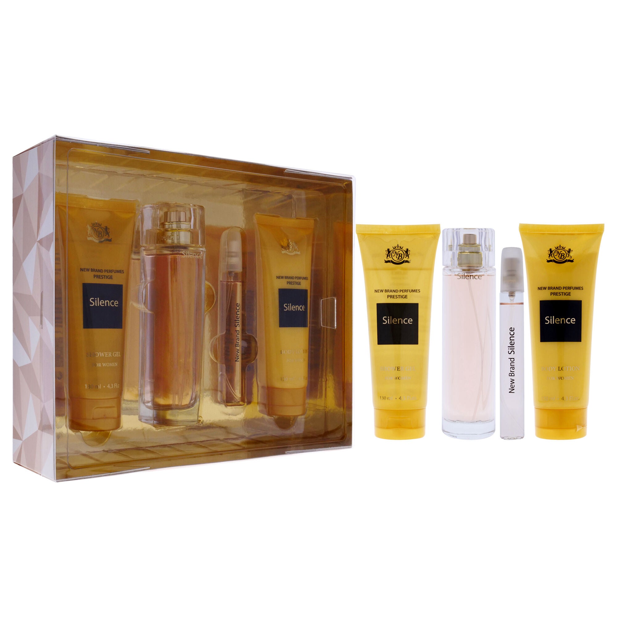 Prestige Silence by New Brand for Women - 4 Pc Gift Set 3.3oz EDP Spray, 0.5oz EDP Spray, 4.3oz Shower Gel, 4.3oz Body Lotion, See Description, alternate image number 1