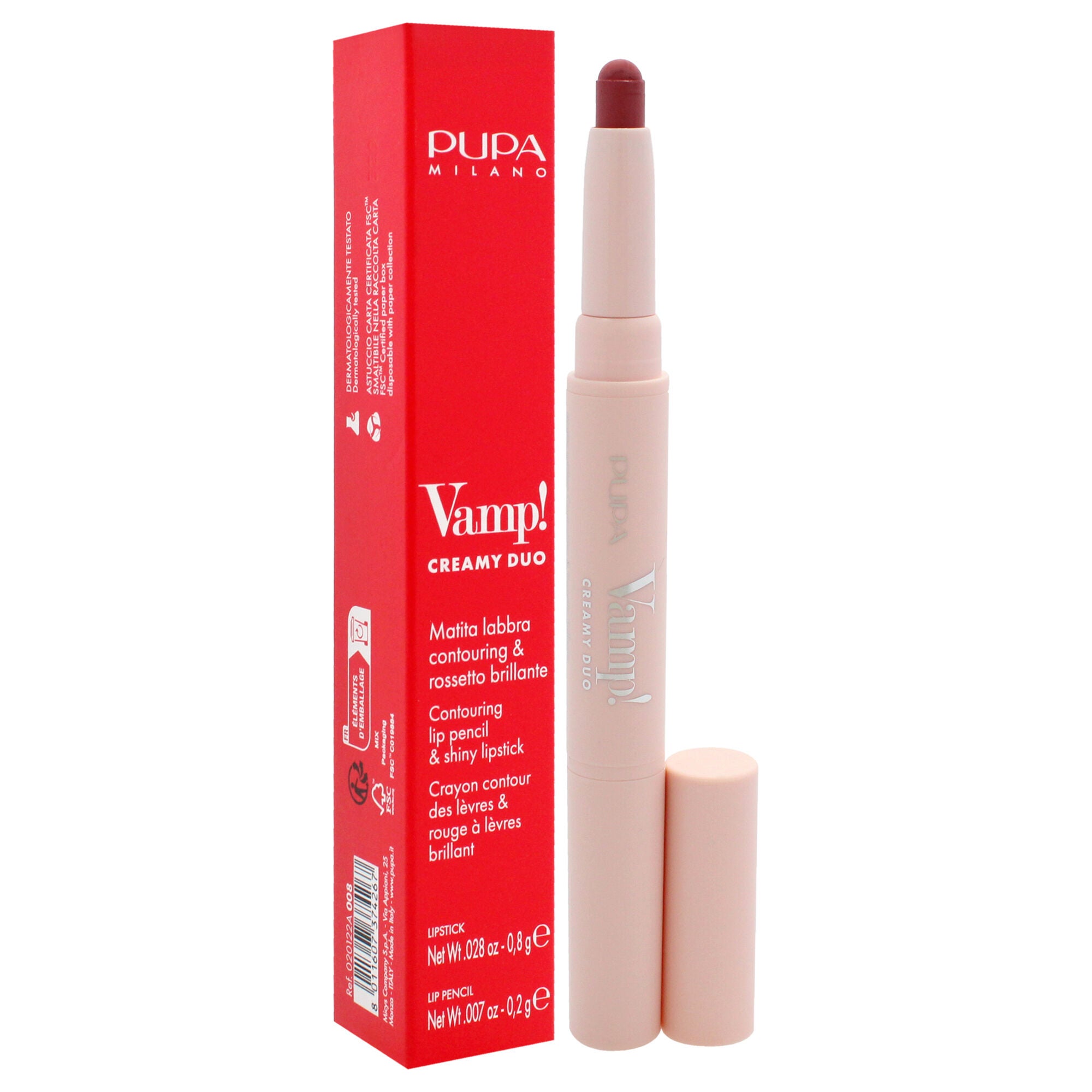Vamp! Creamy Duo Contouring Lip Pencil and Shiny Lipstick - 008 Vintage Rose by Pupa Milano for Women - 0.035 oz Makeup, See Description, alternate image number 2
