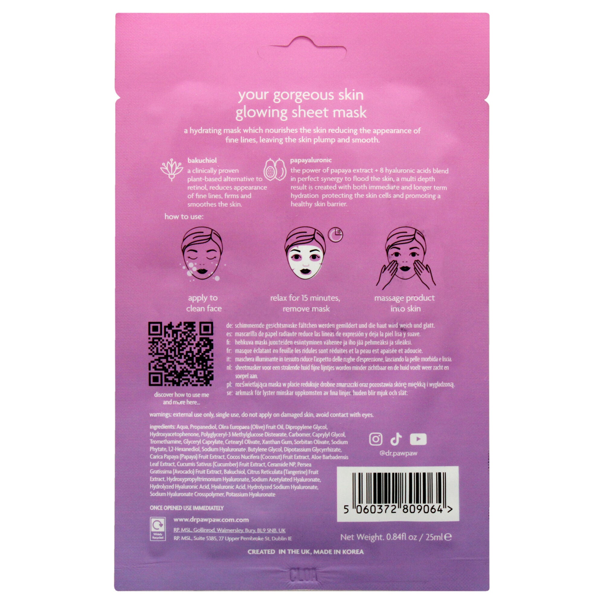 Your Gorgeous Skin Glowing Sheet Mask by Dr. PawPaw for Unisex - 0.84 oz Mask, See Description, alternate image number 2