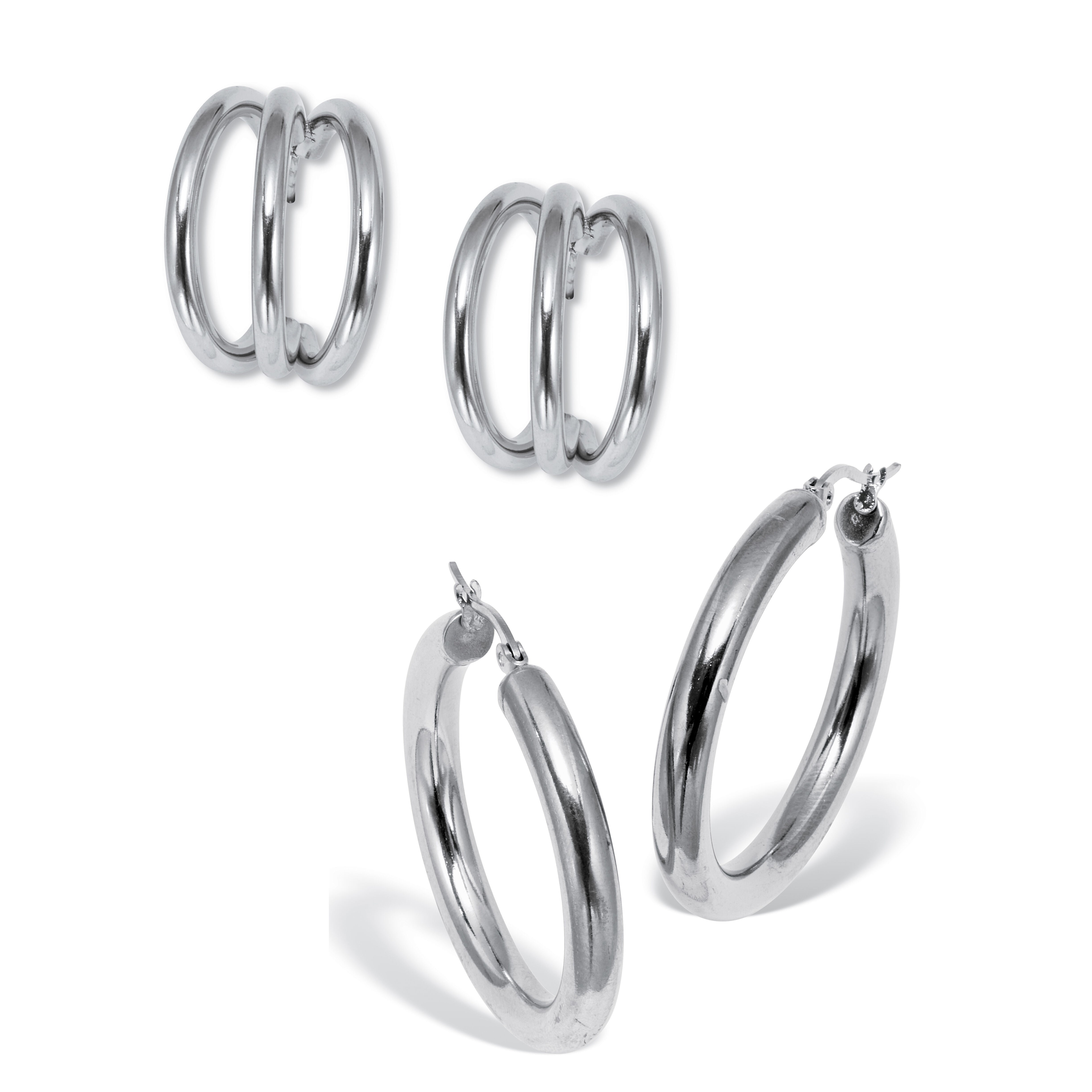 Stainless Steel Hoop Earrings, 2-Pair Set, SILVER, hi-res image number 0