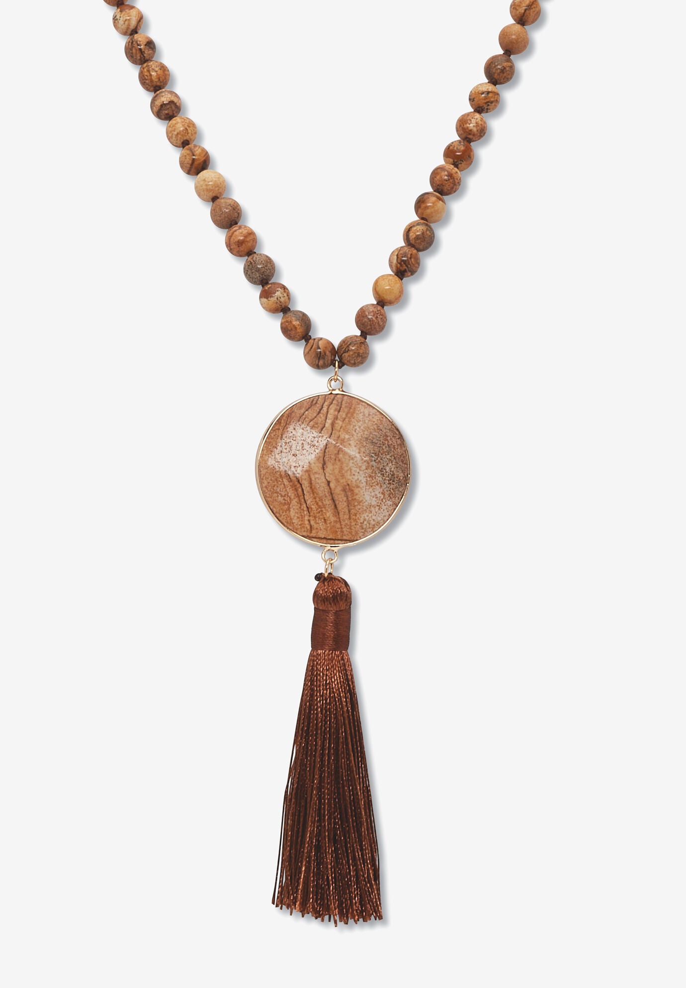Round Genuine Brown Jasper Goldtone Bezel Set Cabochon Beaded Necklace 34 Inch, BROWN, hi-res image number 0