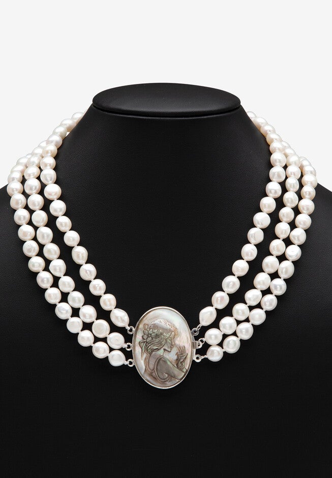 Genuine Freshwater Pearl Black Mother-Of-Pearl Cameo Necklace Silvertone 18 inches, , alternate image number null
