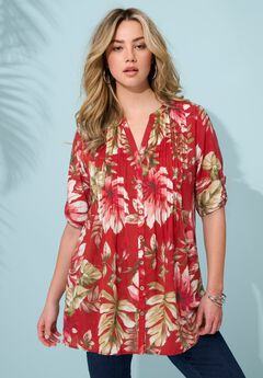 Plus Size Pintuck Tunic Blouse – Y-Neck & Roll-Tab Sleeves