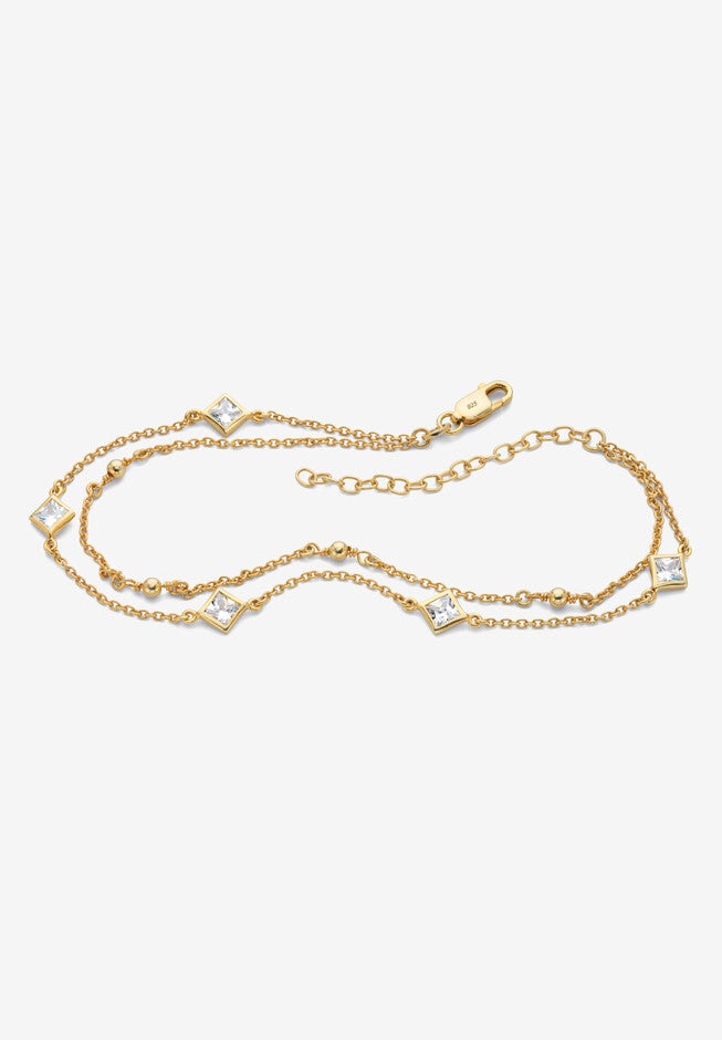 1.85 Cttw. Princess-Cut Cubic Zirconia Gold-Plated Silver Ankle Bracelet 11 inches Jewelry, CUBIC ZIRCONIA, hi-res image number 0