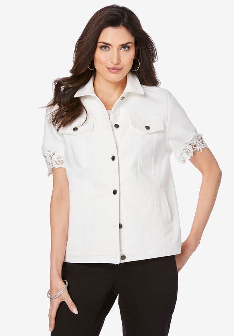 Short-Sleeve Lace Denim Jacket, , alternate image number null