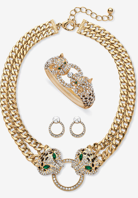 Gold Tone Leopard Collar Necklace, Earring and Bracelet Set, EMERALD, hi-res image number null