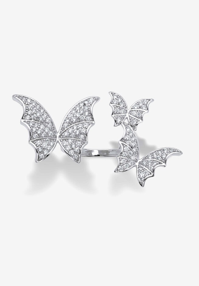 Silvertone Round Crystal Adjustable Butterfly Ring, CRYSTAL, hi-res image number 0