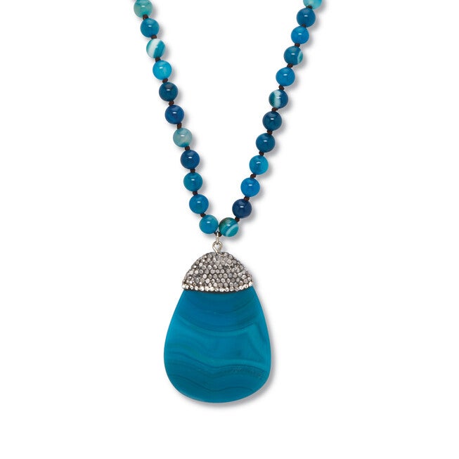 Round Genuine Blue Agate Crystal Accented Silvertone Drop Necklace 34 Inch, BLUE, hi-res image number null