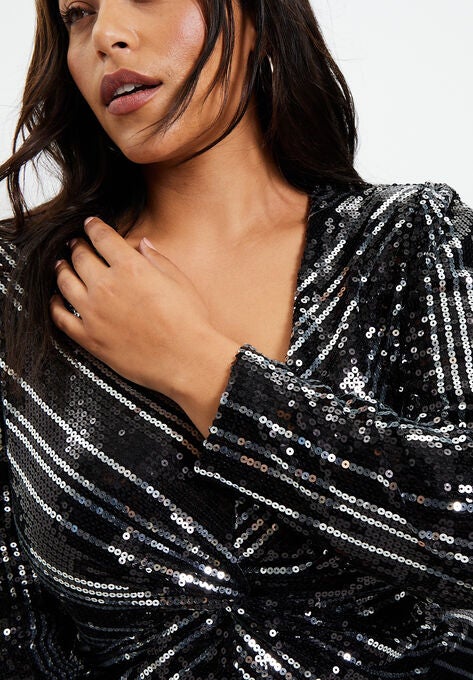 Striped Sequin Faux Wrap Top, , alternate image number null