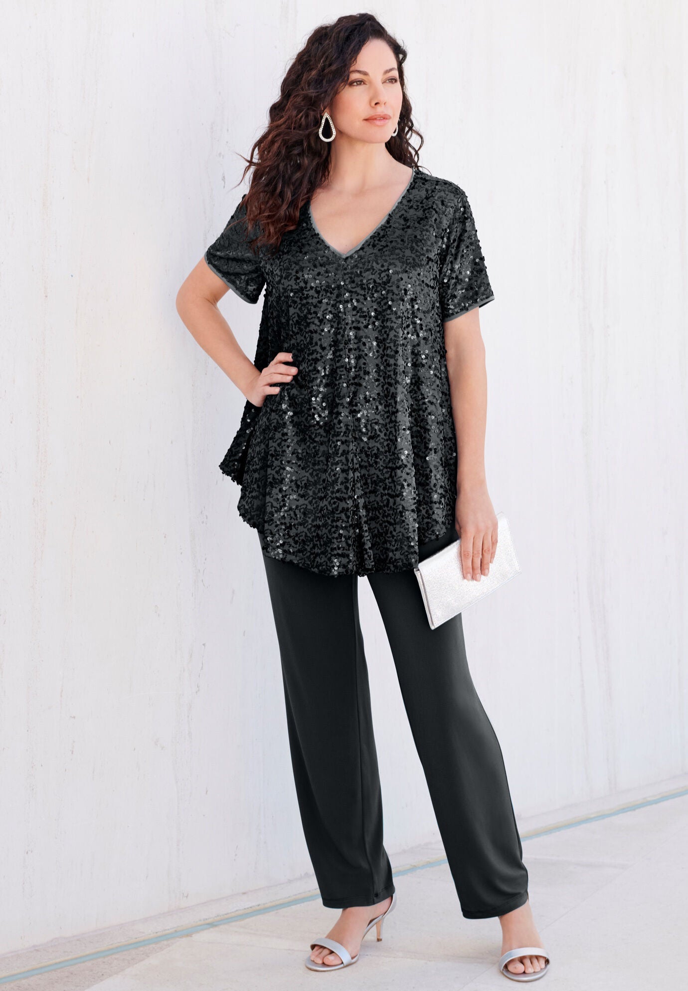 Plus-Size 2 Piece S/S Sequin Top and Pant Set, , alternate image number 3