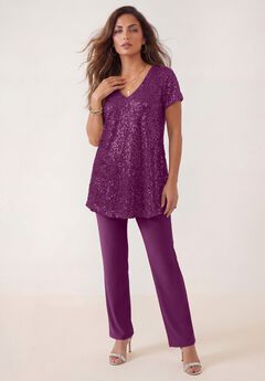 Plus-Size 2 Piece S/S Sequin Top and Pant Set
