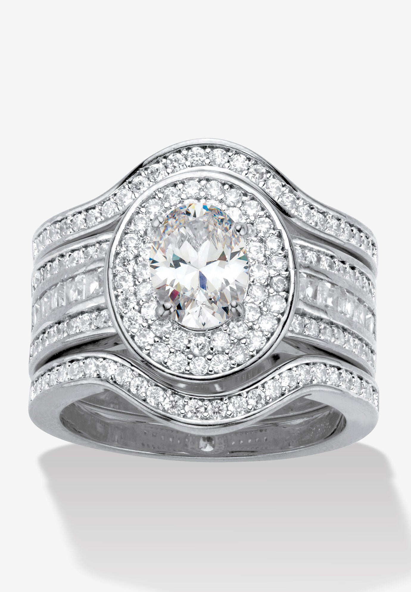 2.60 Cttw. Oval Cubic Zirconia Platinum-Plated Halo Scalloped Wedding Ring Set, SILVER, hi-res image number 0