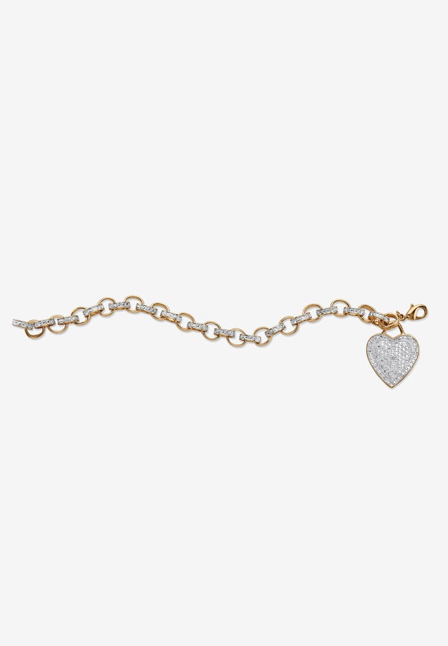 Diamond Accent 18K Gold-Plated Heart Charm Rolo-Link Bracelet 7.75 inches, , alternate image number 3