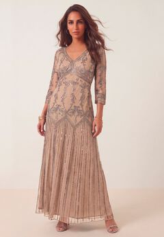 Plus Size Beaded V-Neck 3/4 Sleeve Sleeve Maxi Gown