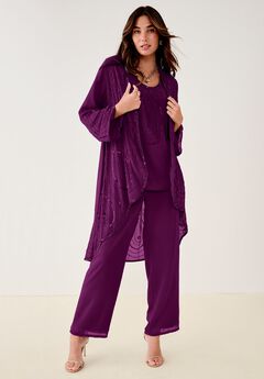 Plus Size Beaded Georgette Scoop Neck 3-Piece Pant Set