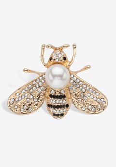 Goldtone Bee Pin Round Simulated Pearl And Round Crystals Jewelry