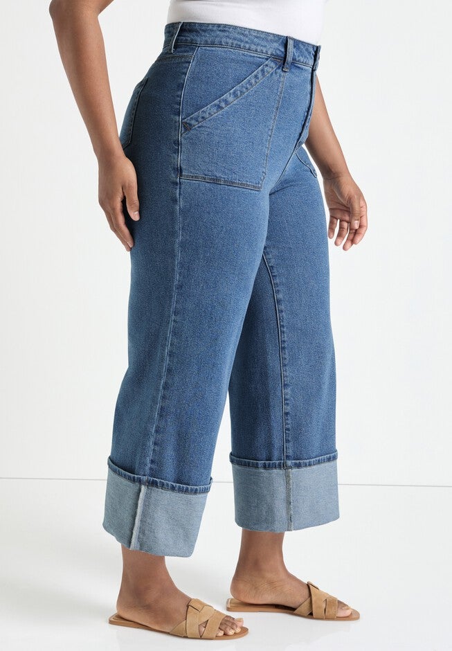 Wide-Leg Cropped Cuffed Jeans, MEDIUM VINTAGE WASH, alternate image number null