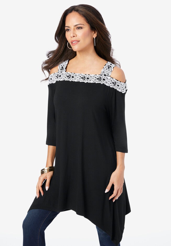 Cold-Shoulder Handkerchief-Hem Ultra Femme Tunic, BLACK, hi-res image number null