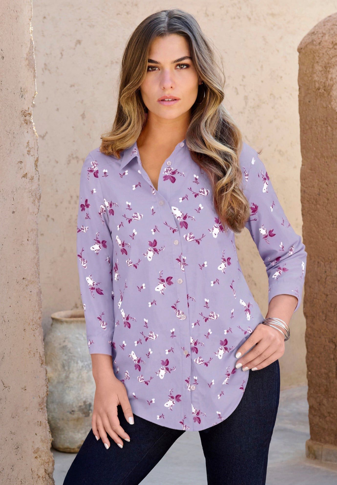 Plus Size Kate Long Sleeve Easy Cotton-Blend Button-Front Shirt, LAVENDER PRETTY FLORAL, hi-res image number 0