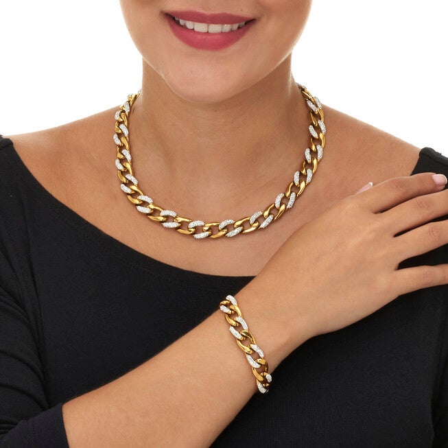 Round Crystal Gold Ion-Plated Stainless Steel Link Necklace Set 18 to 20-inch, WHITE, alternate image number null
