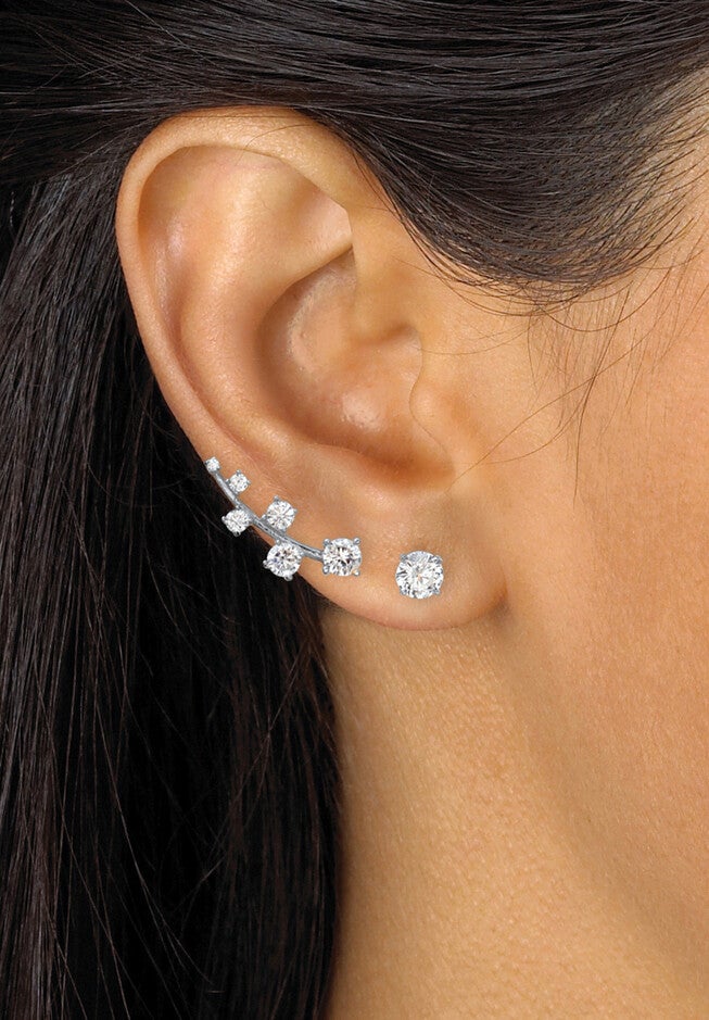 2.22 Cttw. Cubic Zirconia .925 Silver Ear Climber And Stud 2-Pair Earring Set, , alternate image number null
