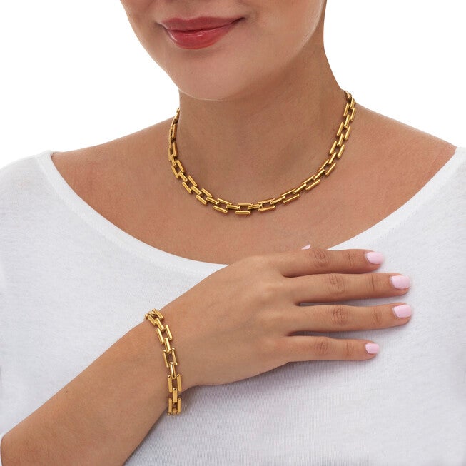 Yellow Gold Ion-Plated Stainless Steel Square Link Jewelry 3-Piece Set, GOLD, alternate image number null