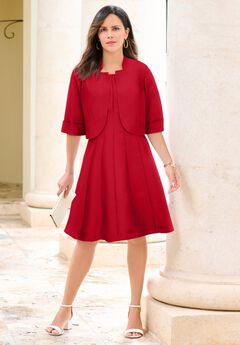 Plus Size Elbow Sleeve Fit-and-Flare Dress with Bolero Jacket – 2-Piece Suit