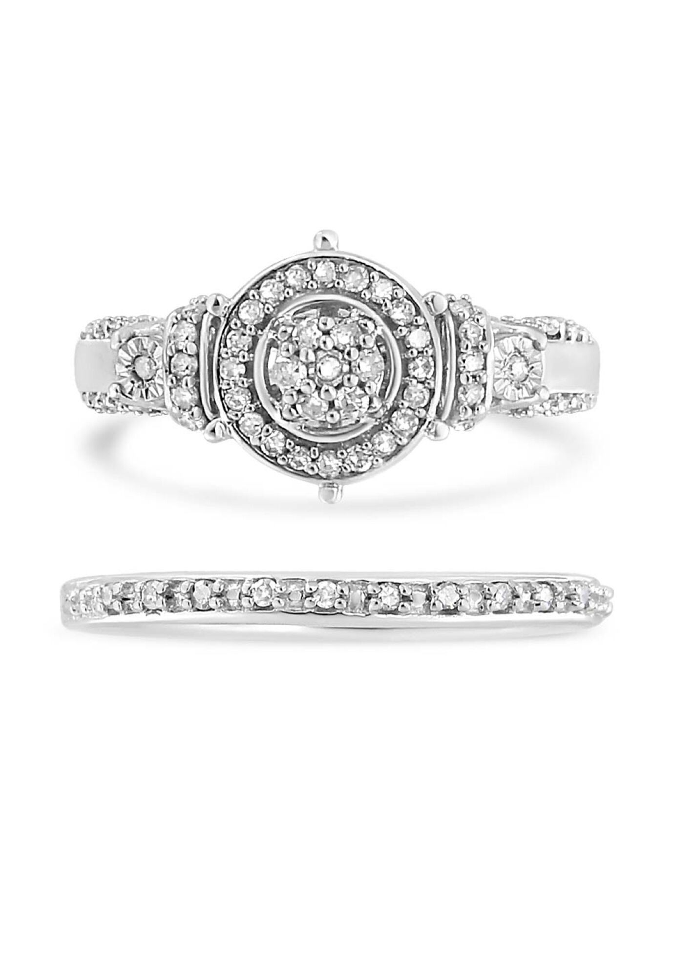 Silver 1/3 Cttw Diamond 7 Stone Cluster And Halo Engagement Set, , on-hover image number 1