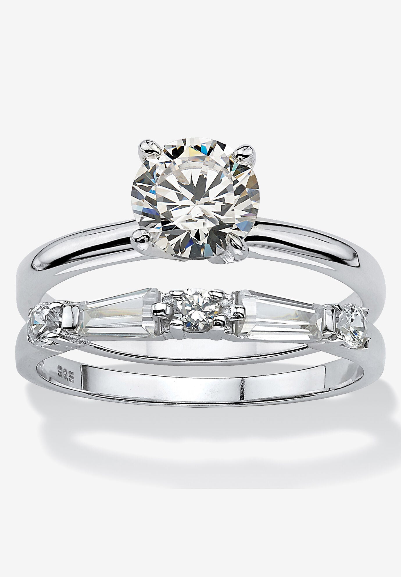 2.06 Cttw. Cubic Zirconia Sterling Silver Solitaire 2-Piece Wedding Ring Set, SILVER, hi-res image number 0