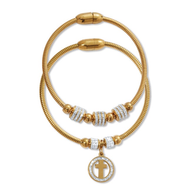 Round Crystal Gold Ion-Plated Stainless Steel Cross Charm Bracelet Set 7-inch, WHITE, on-hover image number 1