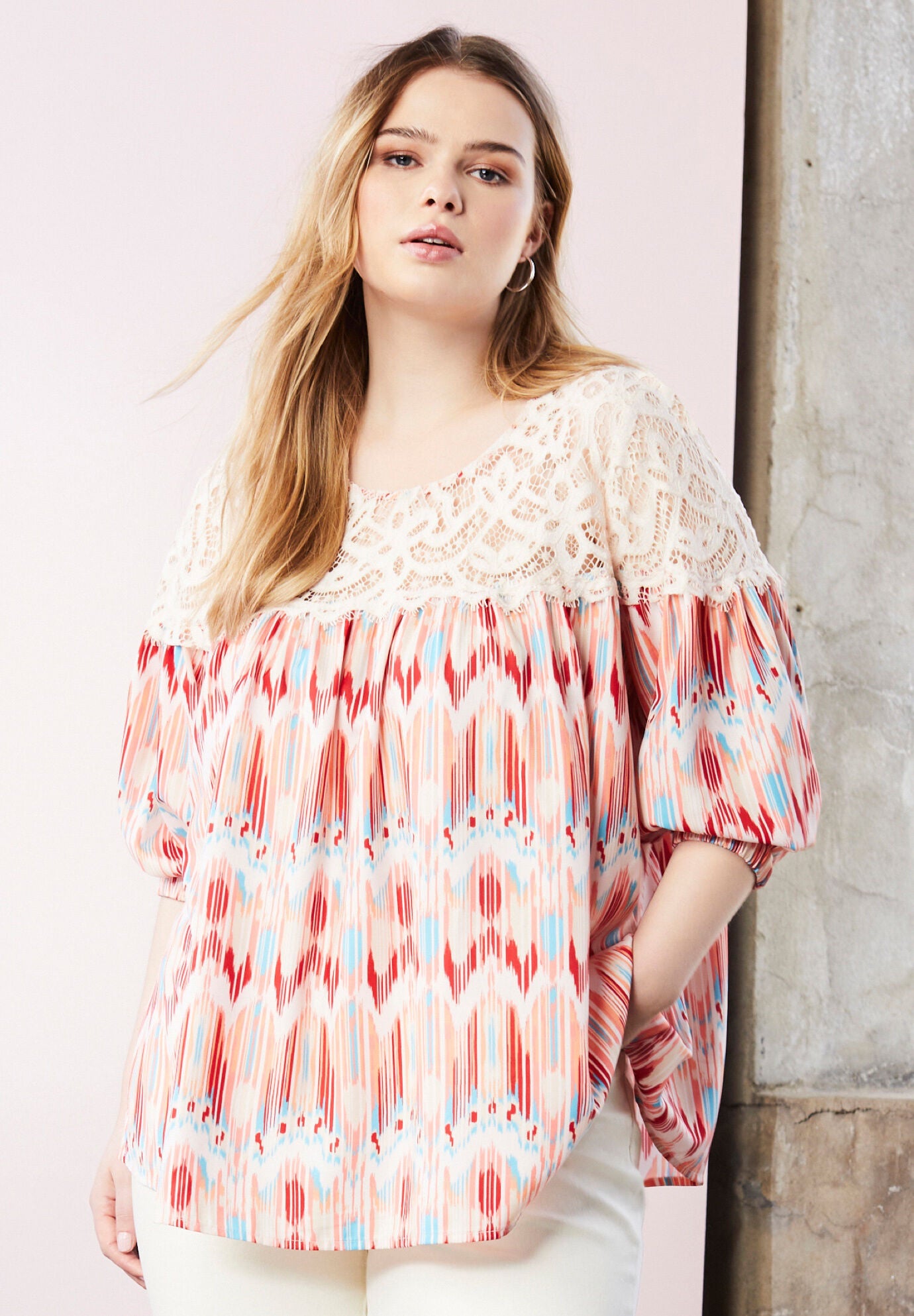 Blouson Sleeve Crochet Yoke Top 30" Length, Multi Stripe Ikat Catherines