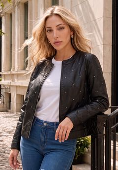 Plus Size Studded Faux Leather Bomber