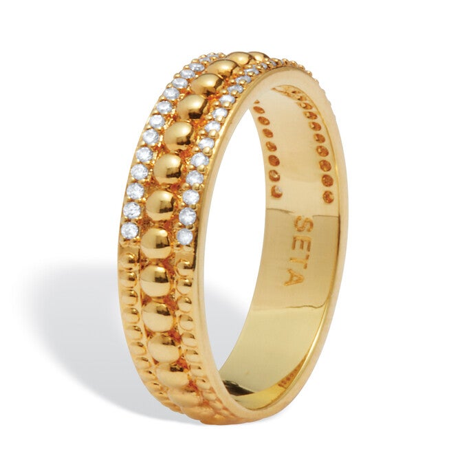 Triple Row Yellow Gold-Plated Round Crystal Band Ring, WHITE, on-hover image number 1