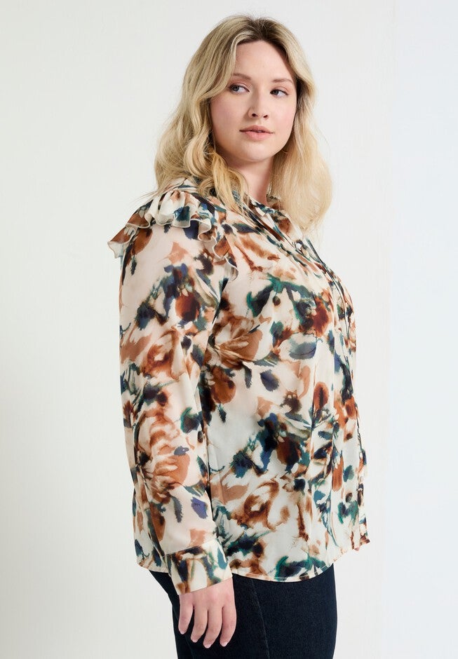 Ruffle Button-Down Blouse, WATERCOLOR FLORAL, alternate image number null