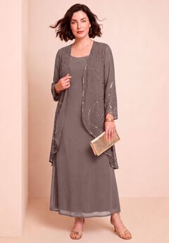 Plus-Size 2 piece Long Sleeve Beaded Georgette Gown Set with Detachable Jacket