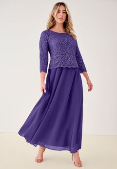 Plus Size Sparkle Lace Popover A-Line Gown with 3/4 Sleeves