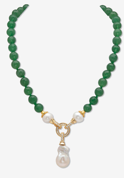 Goldtone Y Neck Necklace, Round Jade Beads And Genuine Pearls, 20 Inches Jewelry, PEARL, hi-res image number null