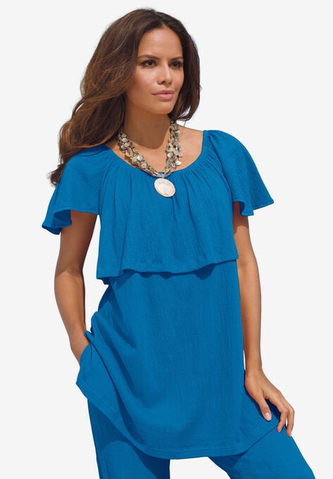 Flutter Sleeve Crinkle-Knit Gauze Tunic, VIBRANT BLUE, hi-res image number null