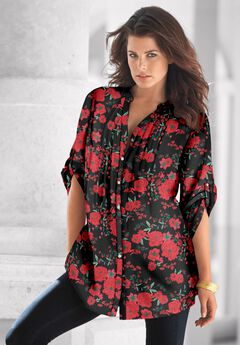 Plus Size Pintuck Tunic Blouse – Y-Neck & Roll-Tab Sleeves