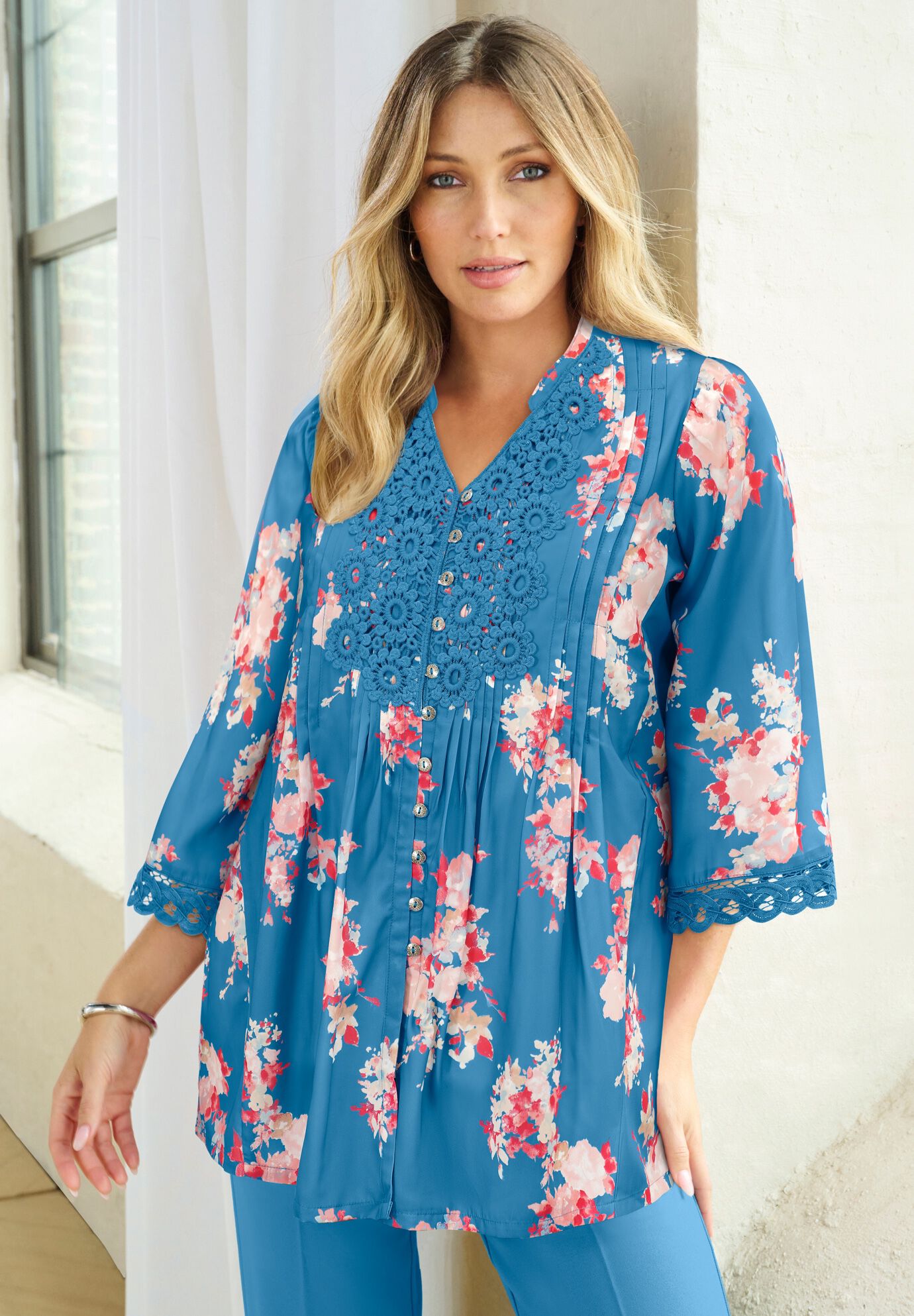 Plus Size Juliet Lace Trim Button-Down Shirt, , alternate image number 4