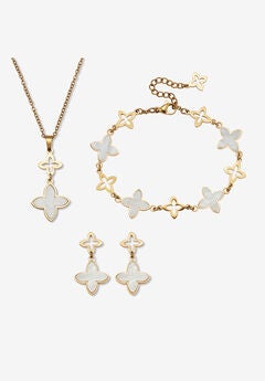 Genuine Mother Of Pearl Gold Ion-Plated Stainless Steel Clover Jewelry Set