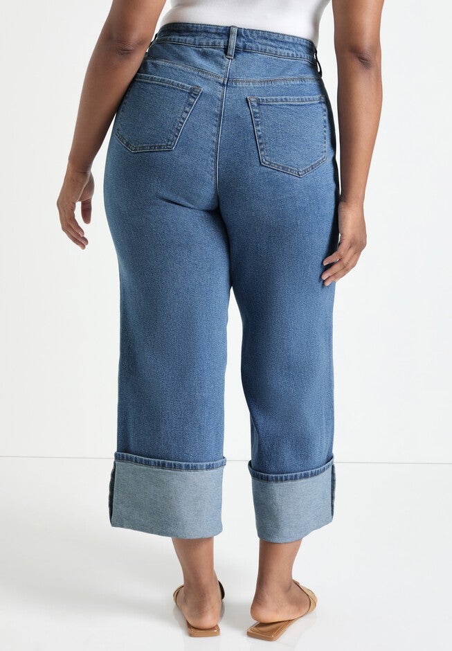 Wide-Leg Cropped Cuffed Jeans, MEDIUM VINTAGE WASH, on-hover image number null
